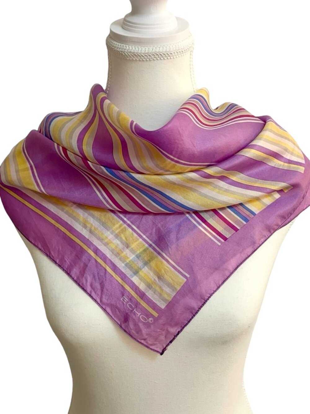Echo Silk Striped Scarf Purple Pink Yellow Made in Japan 26 x 27